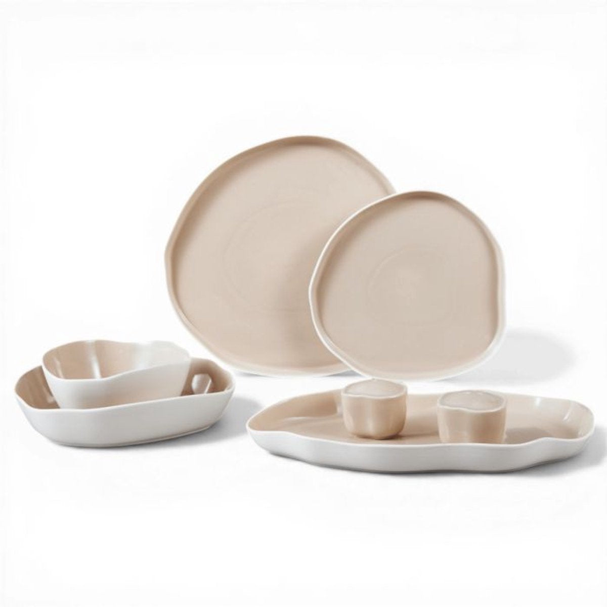 Bricard Bonnes - Porzellan Geschirrset Set - Dinner Set - 27-teilig - 6-Personen - Weiß/Taupe - Japandi