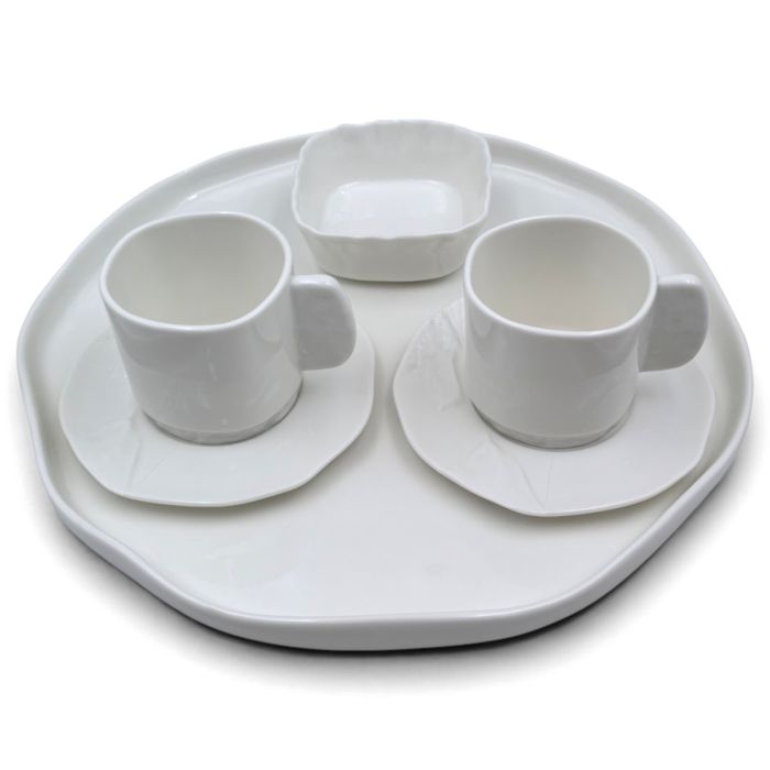 Bricard Barlin - Ontbijtset - 6-delig - 2-Persoons - Koffiekopjes, Kom & Dienblad - Wit - Porselein