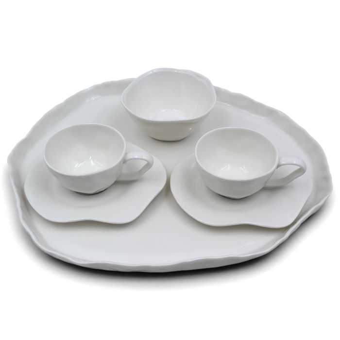 Bricard Belley - Ontbijtset - 6-delig - 2-Persoons - Koffiekopjes, Kom & Dienblad - Wit - Porselein