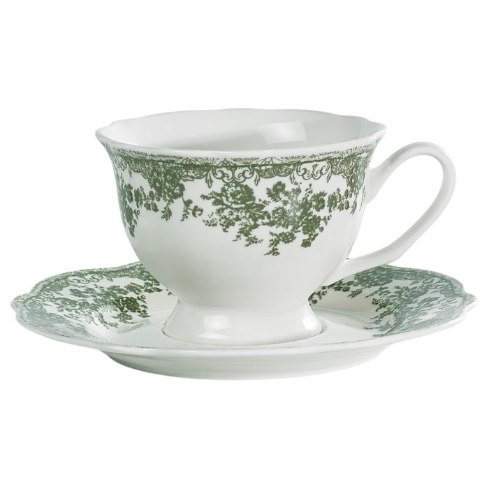 Bricard Fleury - Vintage Koffieset - 12-delig - Groen/Wit - 225ml - Porselein -  Koffie Kopjes en Schoteltjes