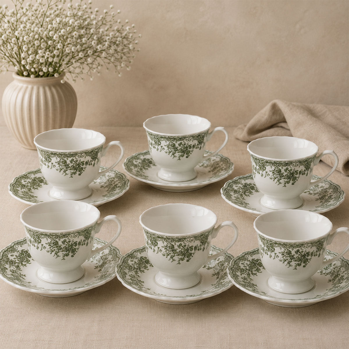 Bricard Fleury - Vintage Koffieset - 12-delig - Groen/Wit - 225ml - Porselein -  Koffie Kopjes en Schoteltjes