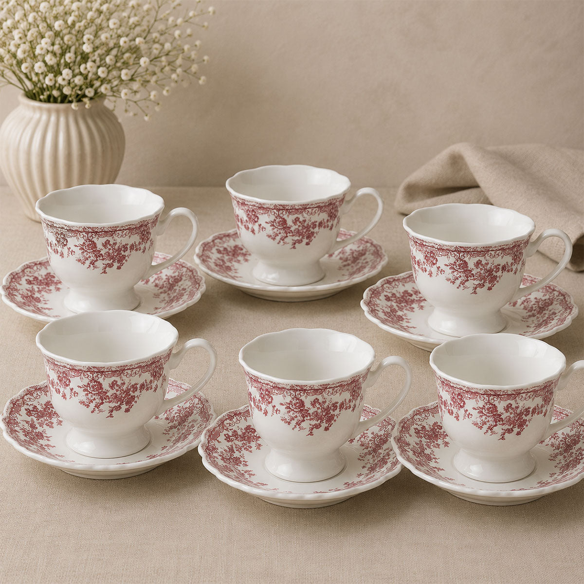 Bricard Fleury - Vintage Koffieset - 12-delig - Roze/Wit - 225ml - Porselein -  Koffie Kopjes en Schoteltjes