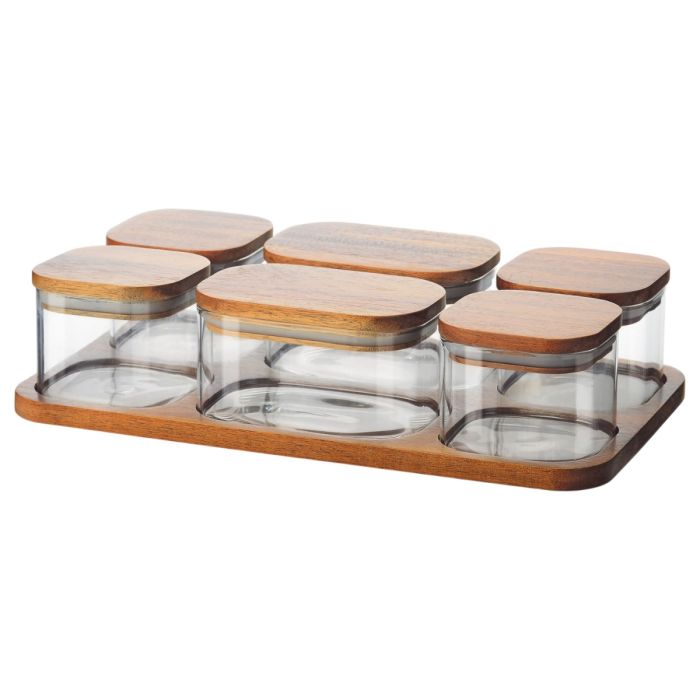 Bricard Glazen Vershoudbakjes - 7-delig - Acacia Hout - BPA-Vrij - Glas