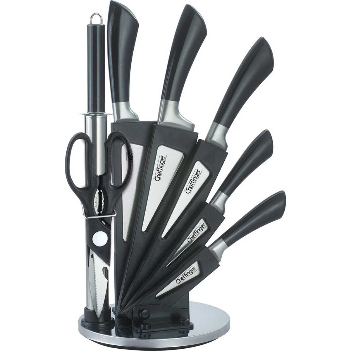 Cheffinger Messenset met Standaard - 8-delig - Zwart / Zilver
