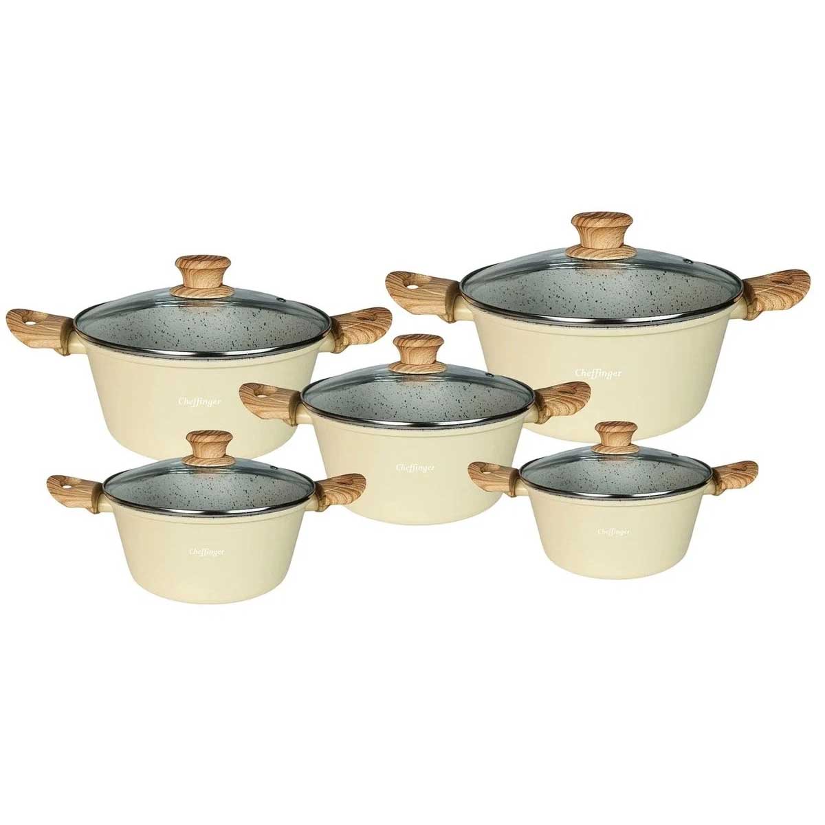 Cheffinger Pannenset - 10-delig - Beige - Inductie - Met Glazen Deksels