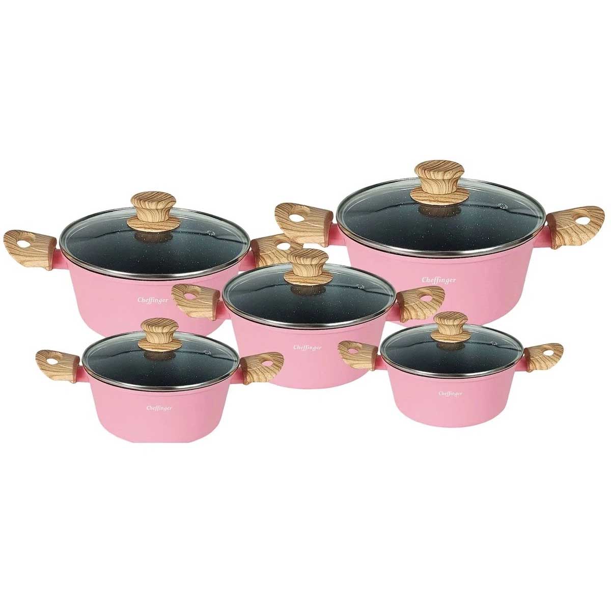 Cheffinger Pannenset - 10-delig - Roze - Inductie - Met Glazen Deksels