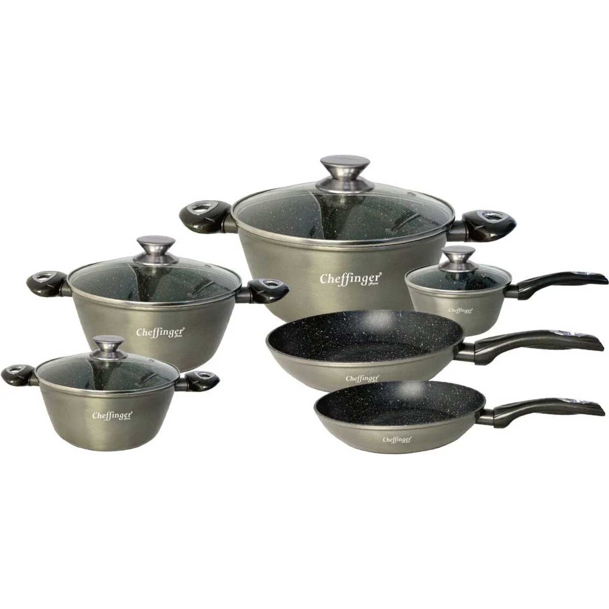 Cheffinger Pannenset - 10-delig - Zilver - Inductie - Met Glazen Deksels