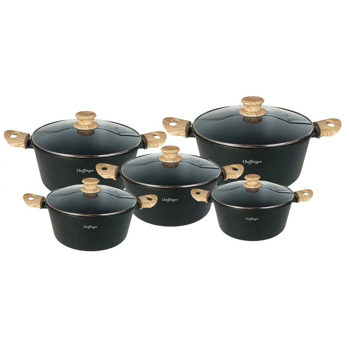 Cheffinger Pannenset - 10-delig - Zwart - Inductie - Met Glazen Deksels