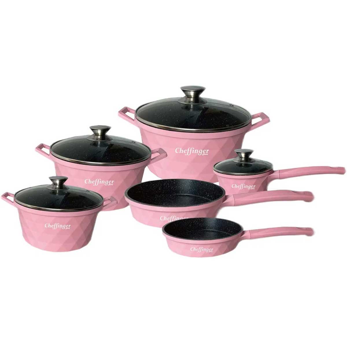Cheffinger Pannenset - 12-delig - Roze - Inductie - Met Glazen Deksels