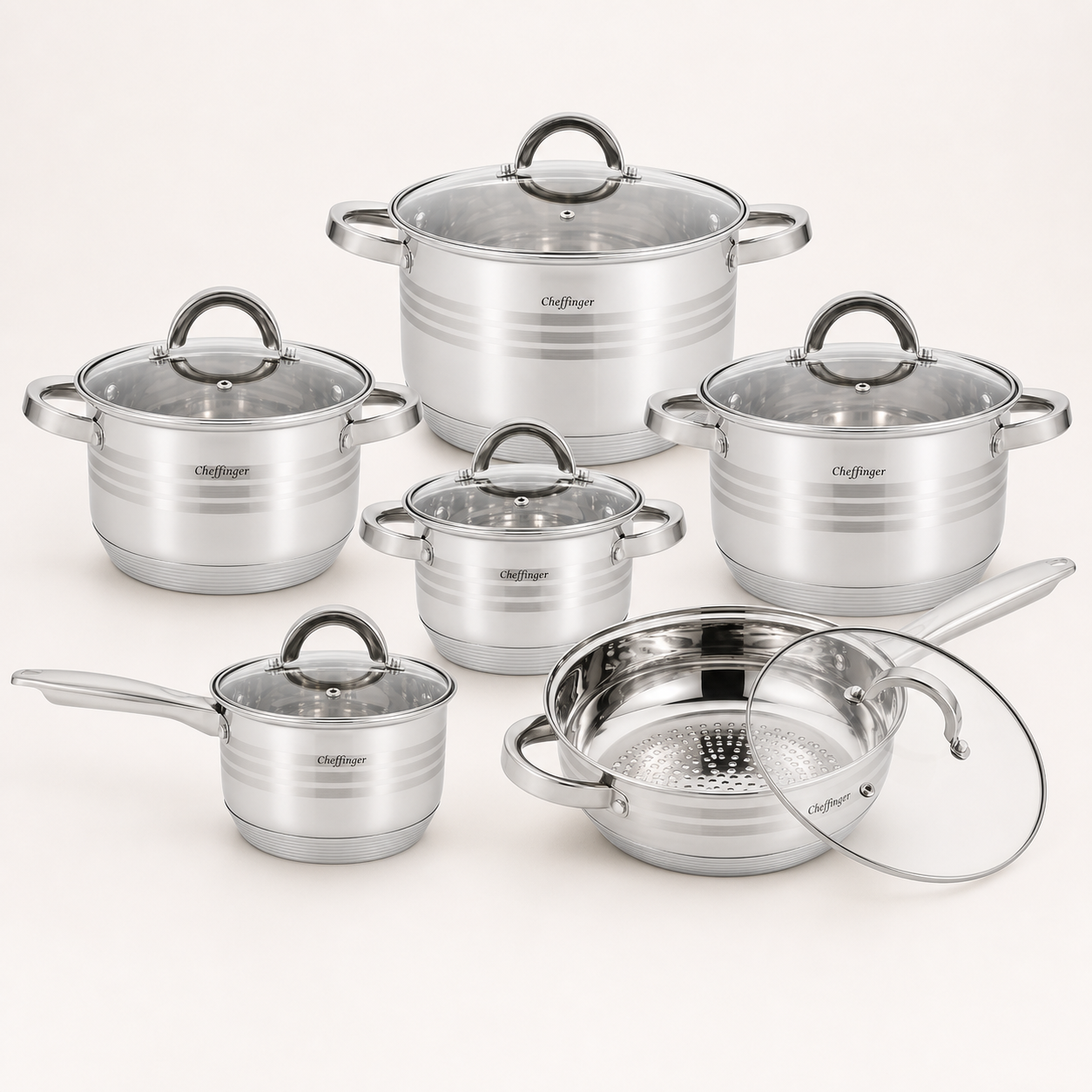 Cheffinger Topfset - 12-teilig - Silber - Edelstahl - Kochtöpfe - Induktion