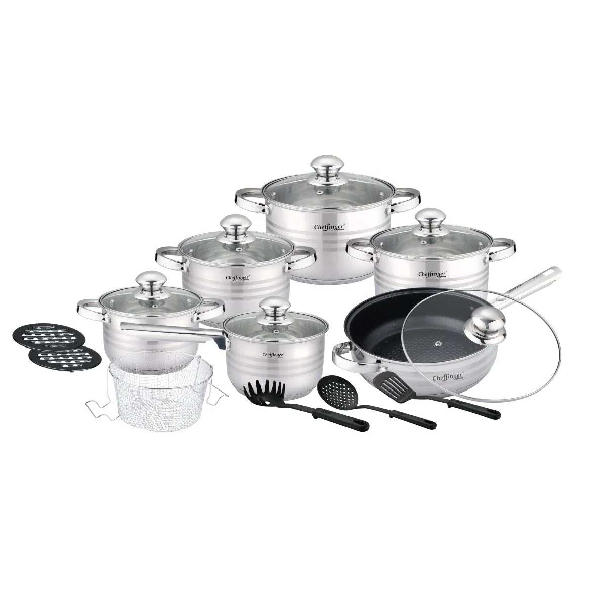 Cheffinger Pannenset - 18-delig - Zilver - RVS - Kookpannen - Inductie