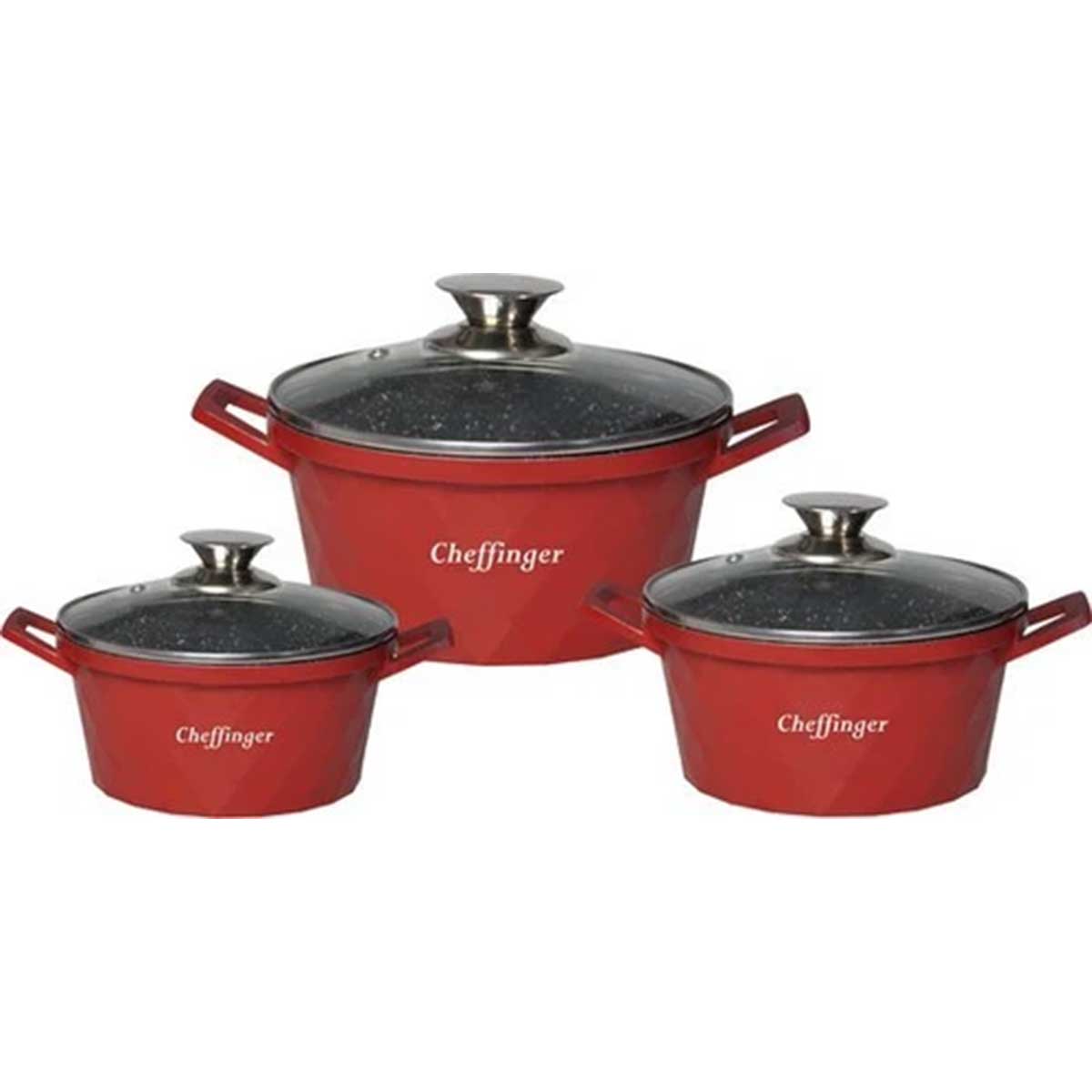 Cheffinger Pannenset - Diamond Line - 6-delig - 20, 24 & 28 cm - Rood