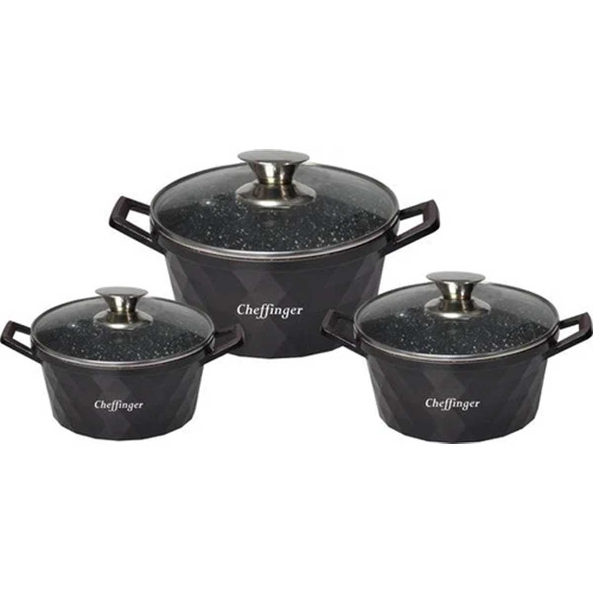Cheffinger Pannenset - Diamond Line - 6-delig - 20, 24 & 28 cm - Zwart
