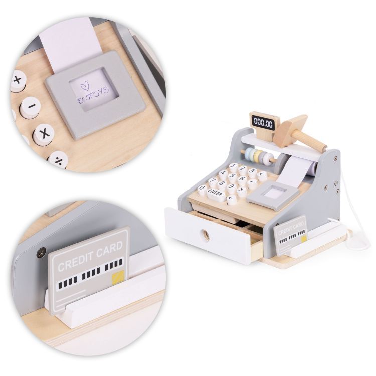 ECOTOYS Houten Speelgoedkassa - Met Scanner, Speelgeld &amp; Betaalkaart