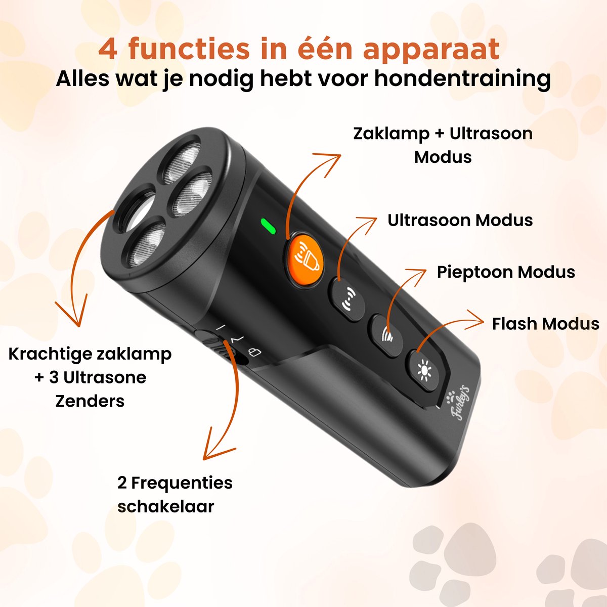 Furley’s Anti Blaf Apparaat - Diervriendelijke Hondentrainer Zonder Schok - 3 Zenders - 4-in-1 Ultrasoon, Geluid, LED & Zaklamp - USB-C Oplaadbaar - Bereik 7m - Voor Kleine & Grote Honden