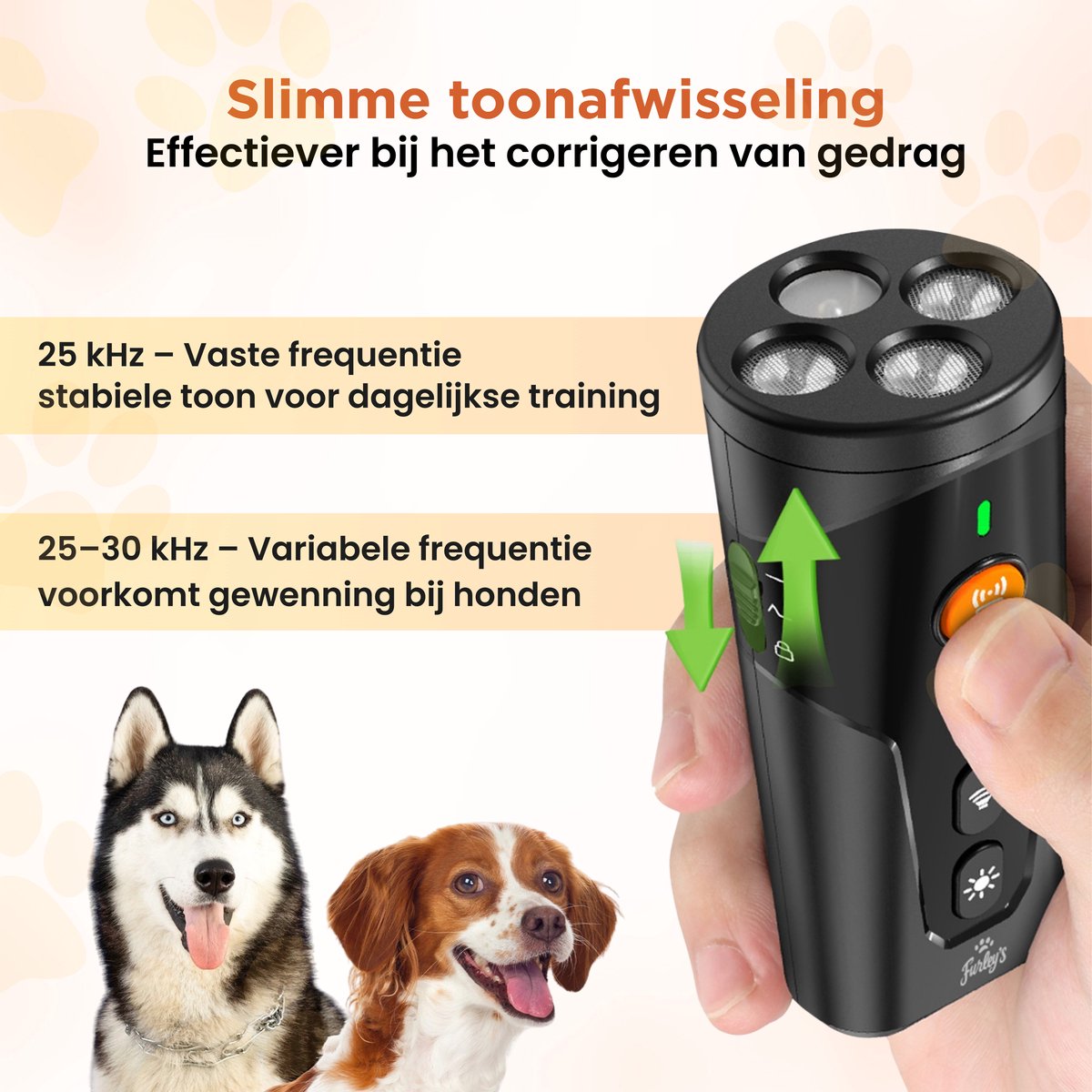 Furley’s Anti Blaf Apparaat - Diervriendelijke Hondentrainer Zonder Schok - 3 Zenders - 4-in-1 Ultrasoon, Geluid, LED & Zaklamp - USB-C Oplaadbaar - Bereik 7m - Voor Kleine & Grote Honden