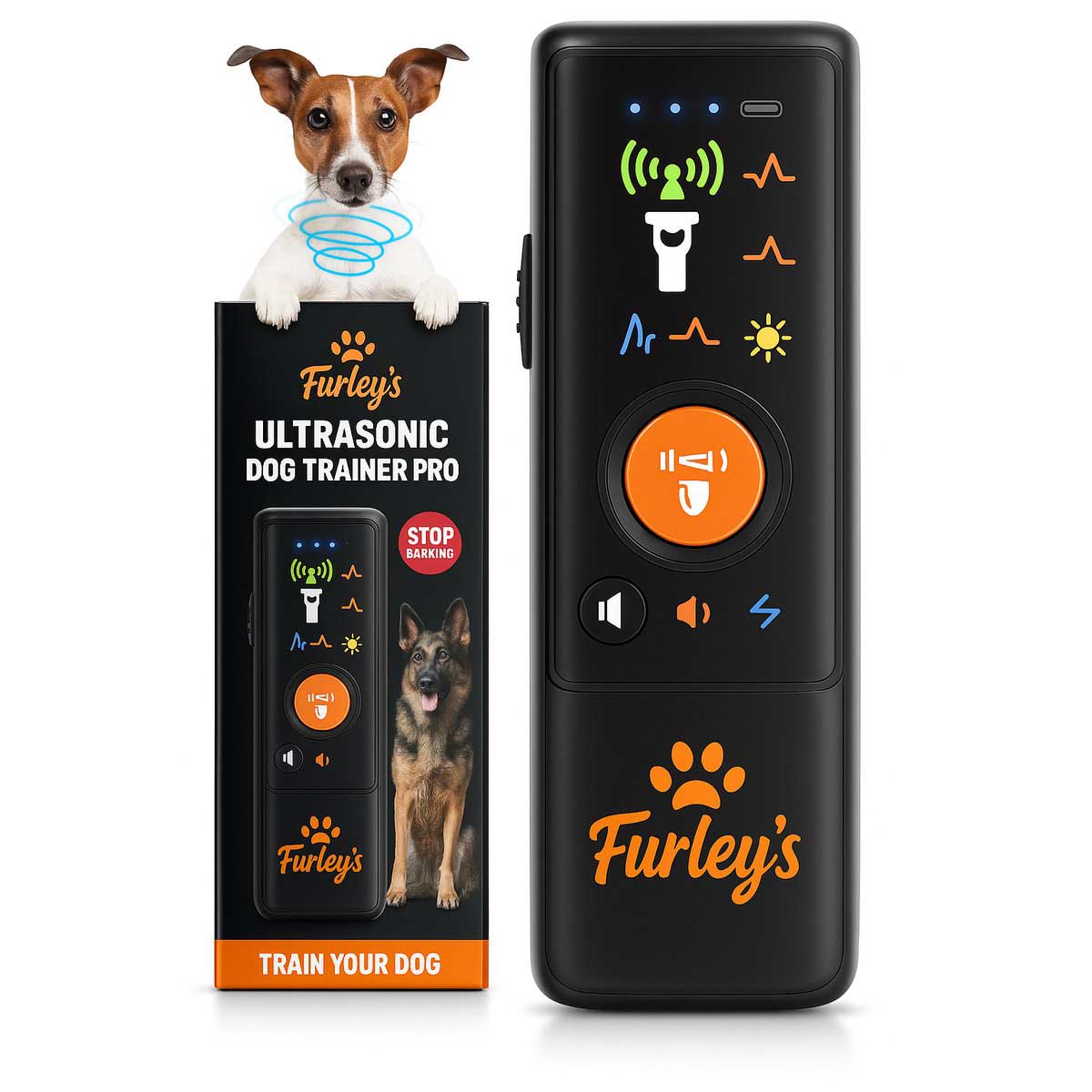 Furley’s Anti Blaf Apparaat PRO - Diervriendelijke Hondentrainer zonder Schok - 4-in-1 Ultrasoon, Geluid & LED - USB-C Oplaadbaar - Voor Kleine & Grote Honden - Bereik 7m