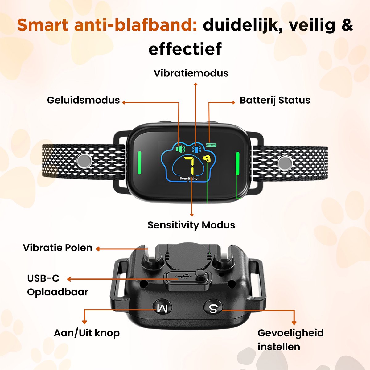 Furley's Anti Blafband - Zonder Schok - Anti Blaf training - 3 Modi, LCD Kleurenscherm, Oplaadbaar & Waterdicht - Voor Middelgrote & Grote Honden