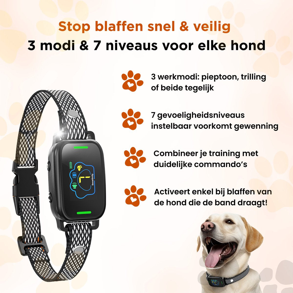 Furley's Anti Blafband - Zonder Schok - Anti Blaf training - 3 Modi, LCD Kleurenscherm, Oplaadbaar & Waterdicht - Voor Middelgrote & Grote Honden