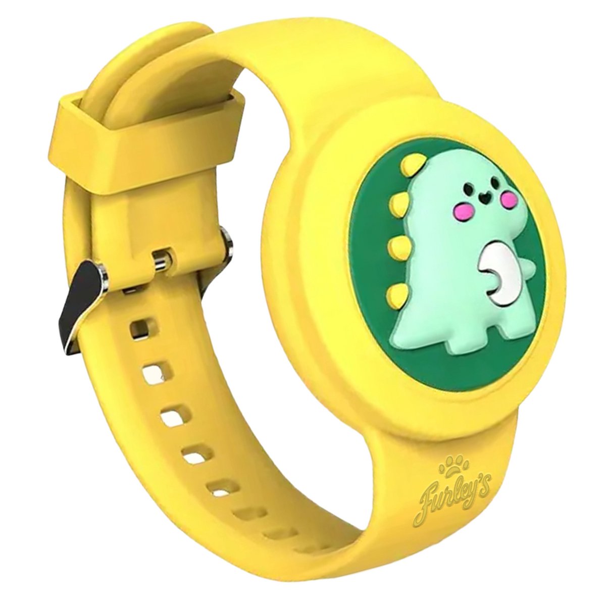 Furley’s Waterdichte Armband voor Kinderen - Gele Dino - Geschikt voor Apple AirTag - Verstelbare Siliconen Band - Veilig & Comfortabel