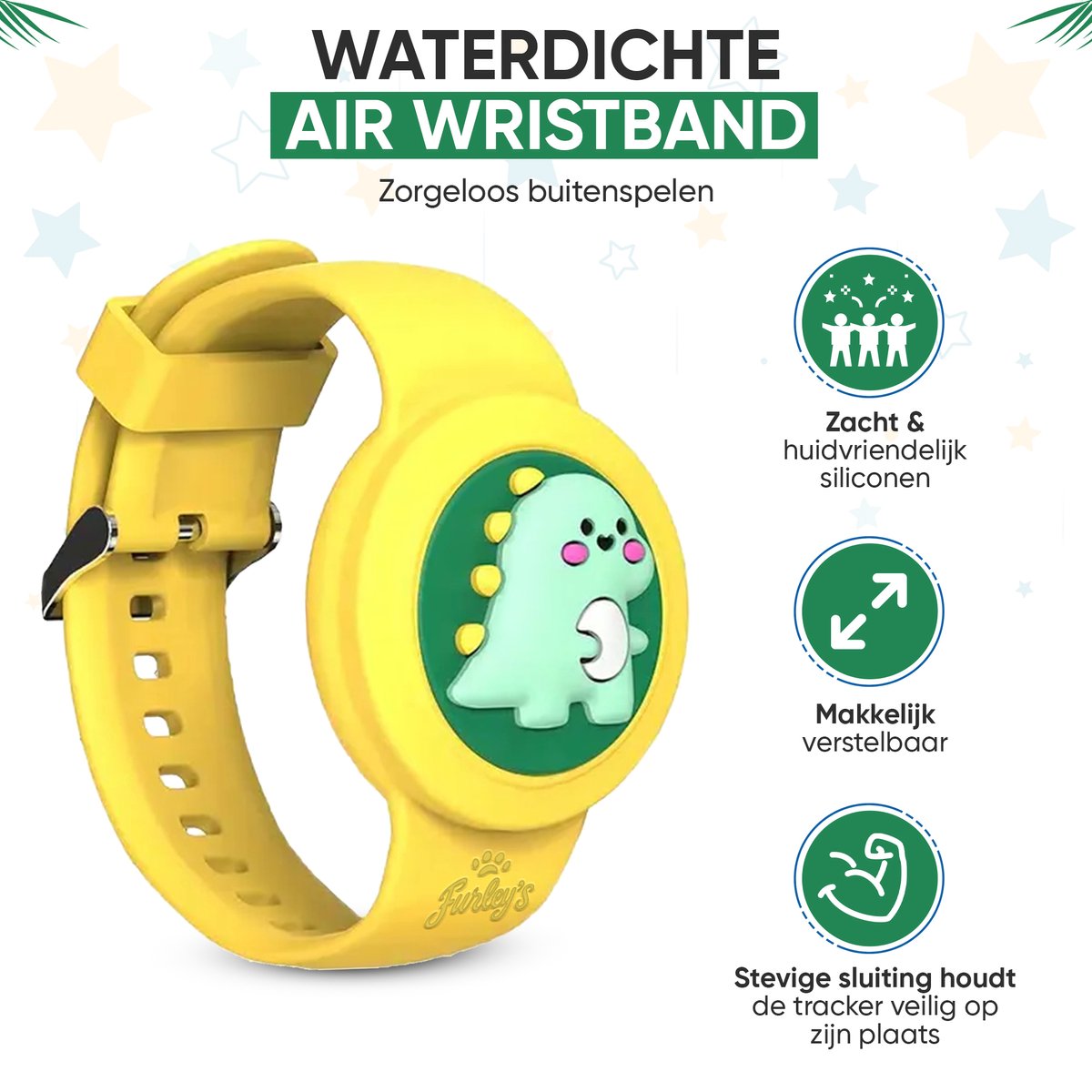 Furley’s Waterdichte Armband voor Kinderen - Gele Dino - Geschikt voor Apple AirTag - Verstelbare Siliconen Band - Veilig & Comfortabel