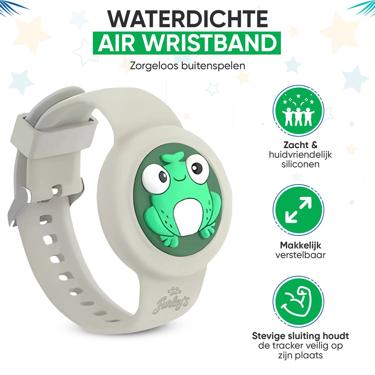 Furley’s Waterdichte Armband voor Kinderen - Grijze Kikker - Geschikt voor Apple AirTag - Verstelbare Siliconen Band - Veilig & Comfortabel