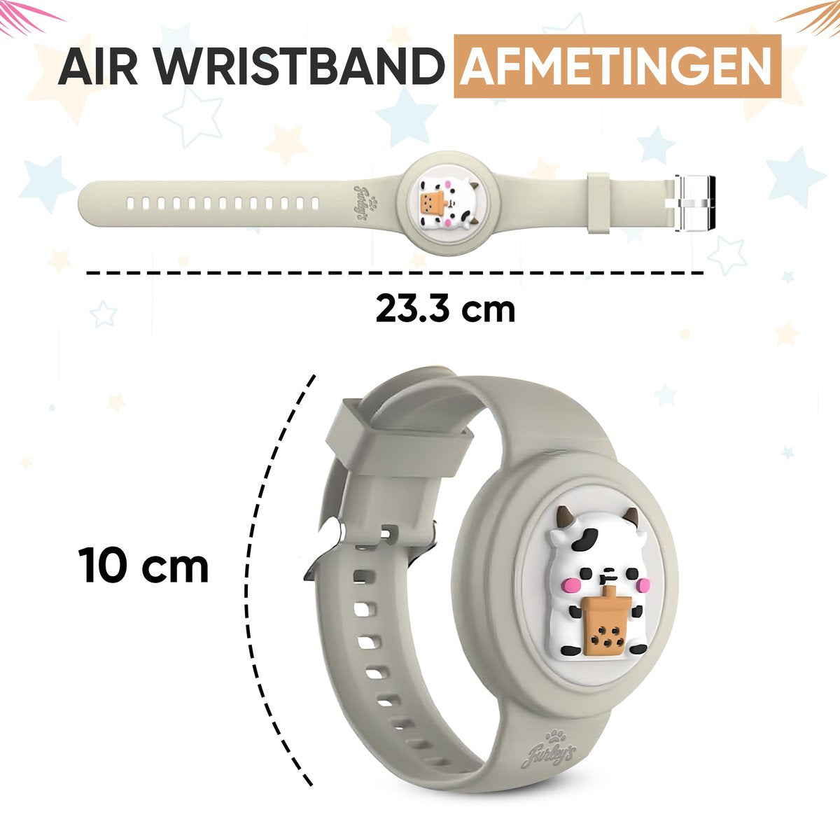 Furley’s Waterdichte Armband voor Kinderen - Grijze Koe - Geschikt voor Apple AirTag - Verstelbare Siliconen Band - Veilig & Comfortabel