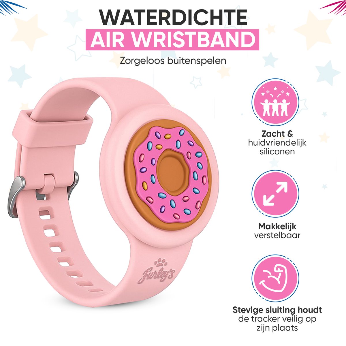 Furley’s Waterdichte Armband voor Kinderen - Roze Donut - Geschikt voor Apple AirTag - Verstelbare Siliconen Band - Veilig & Comfortabel