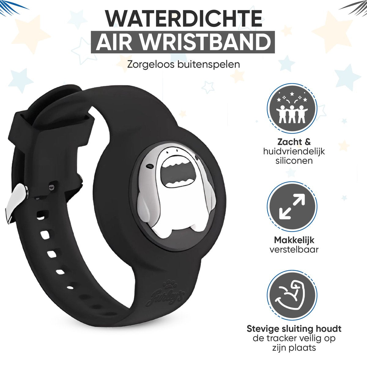 Furley’s Waterdichte Armband voor Kinderen - Zwarte Haai - Geschikt voor Apple AirTag - Verstelbare Siliconen Band - Veilig & Comfortabel