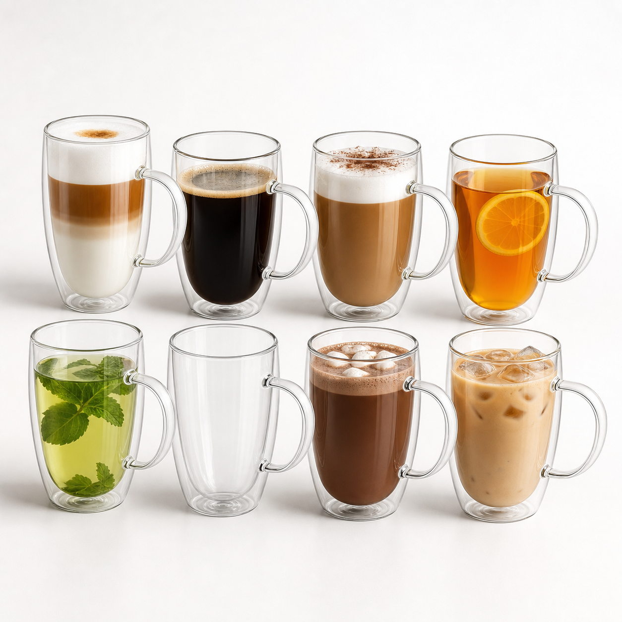 Glozini Dubbelwandige Glazen met Oor - 450 ml - Set van 8 - Koffieglazen - Theeglas - Cappuccino Glazen - Latte Macchiato Glazen Bekers