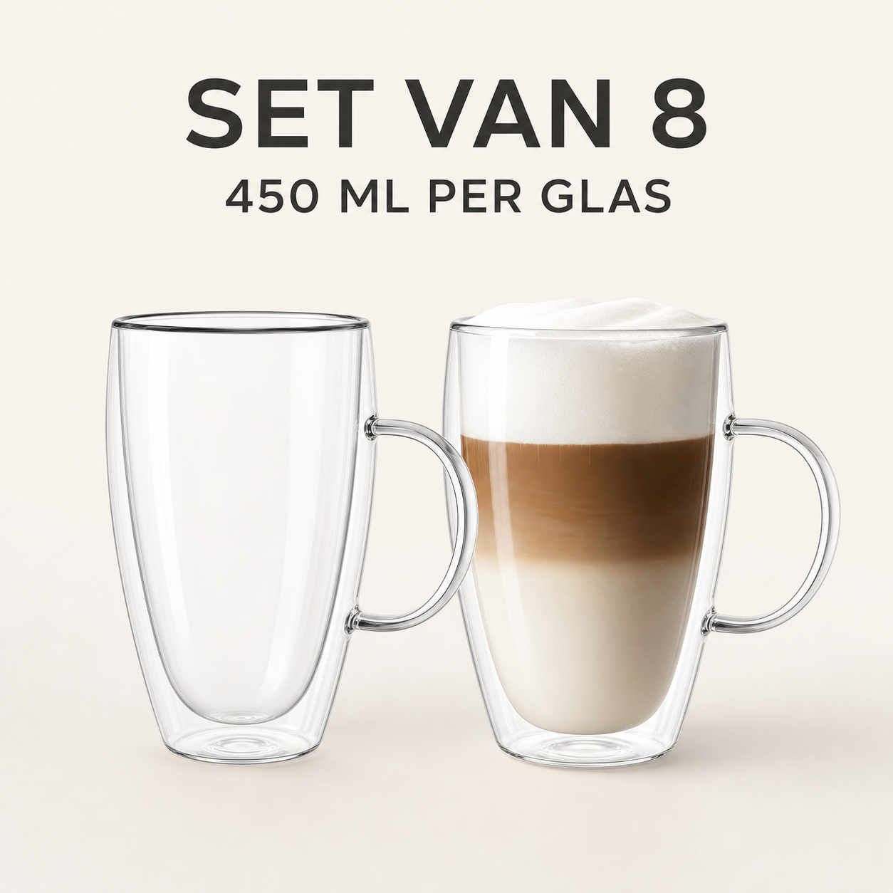 Glozini Dubbelwandige Glazen met Oor - 450 ml - Set van 8 - Koffieglazen - Theeglas - Cappuccino Glazen - Latte Macchiato Glazen Bekers