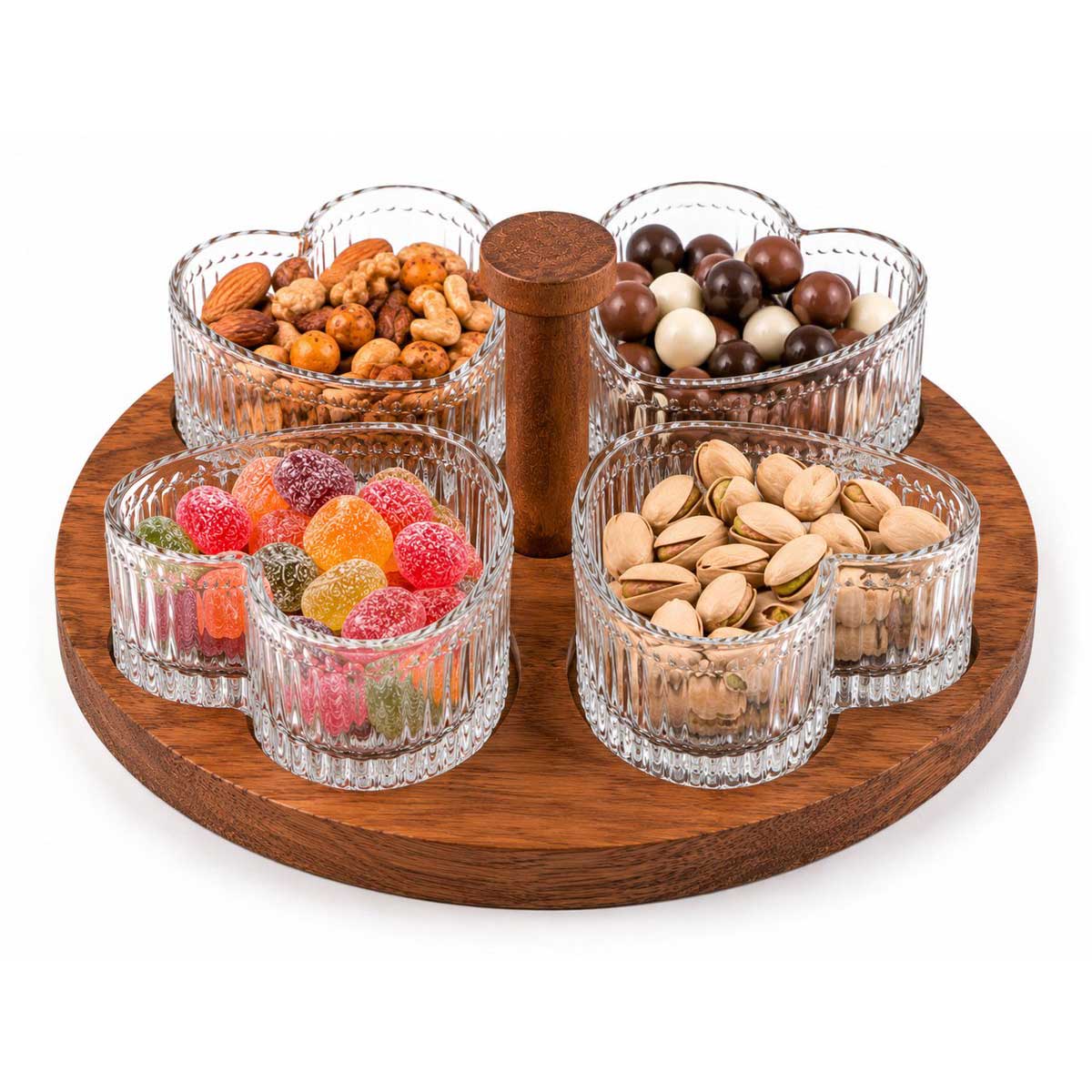 Glozini Hartvormige Glazen Schaaltjes Set met Houten Serveerplank - 5-delig - Glas/Hout