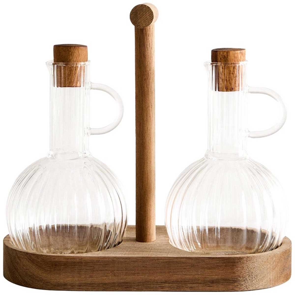Glozini Olie- en Azijn Set Incl. Houder - Acacia Hout/Glas - Geribbelde Karafjes