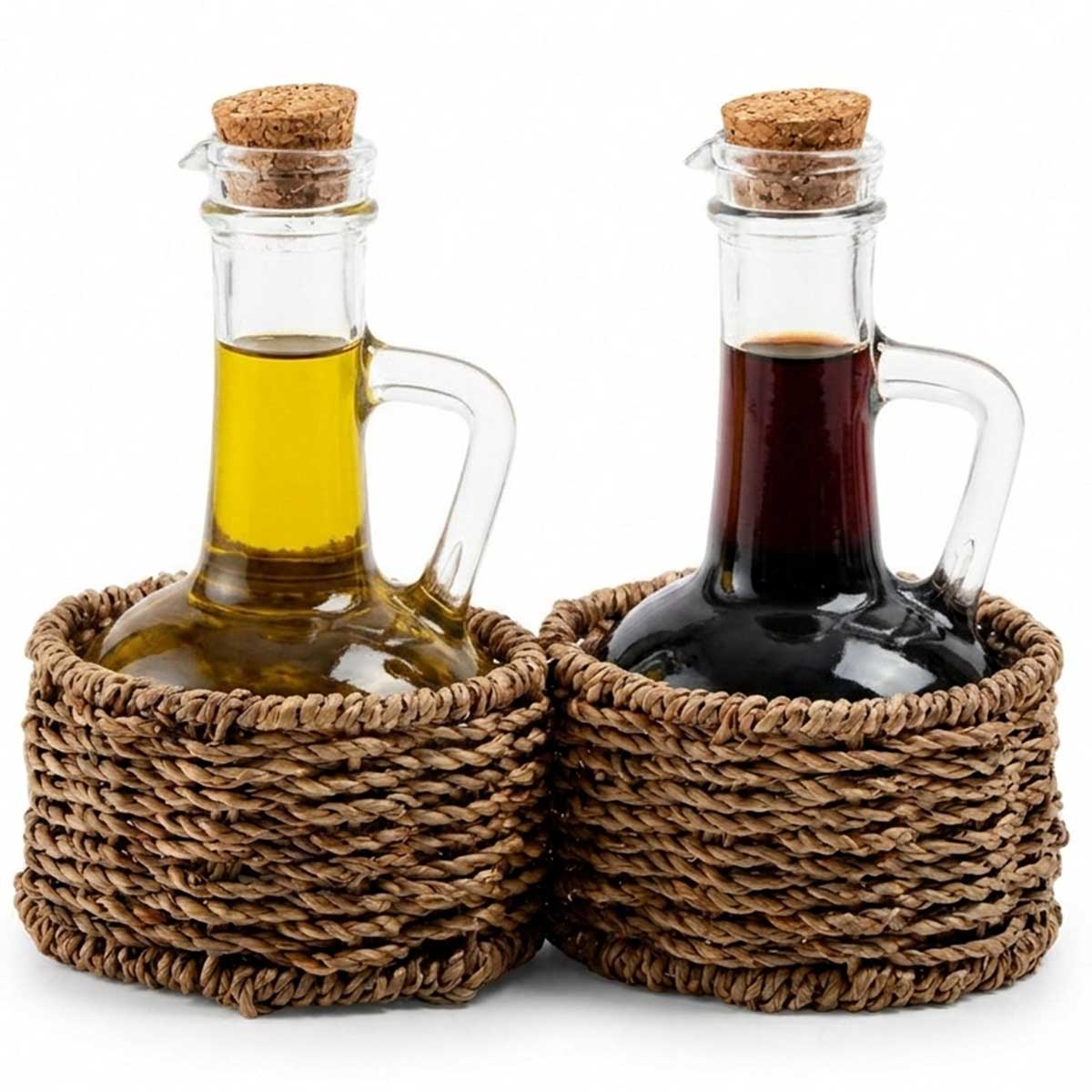 Glozini Olie- en Azijn Set met Gevlochten Houder - Glas