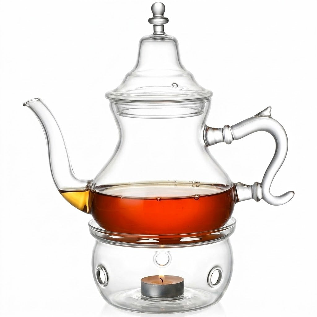 Kadirelli Glazen Theepot met Filter en Theelicht Warmhouder Set theepot