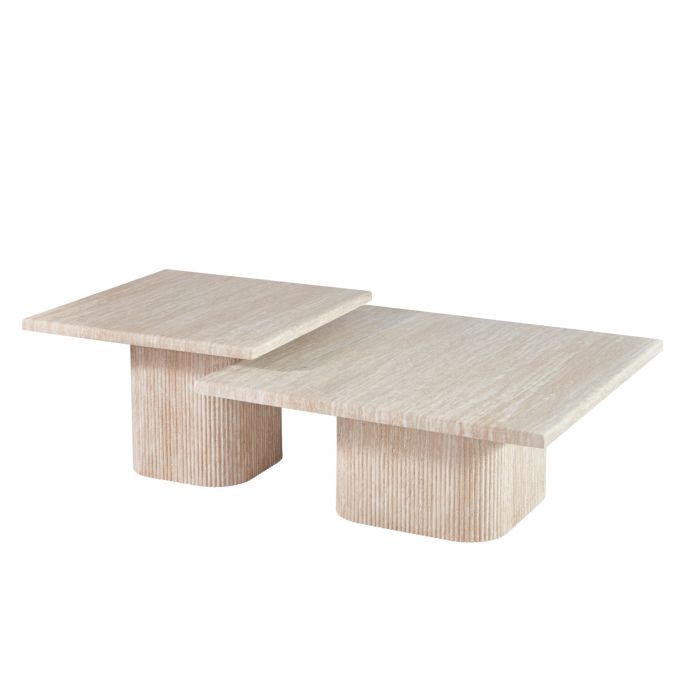 Vivente Dossena Salontafel 2-delig - Beige - 90x90x38 cm + 70x70x45 cm - Travertine - Japandi