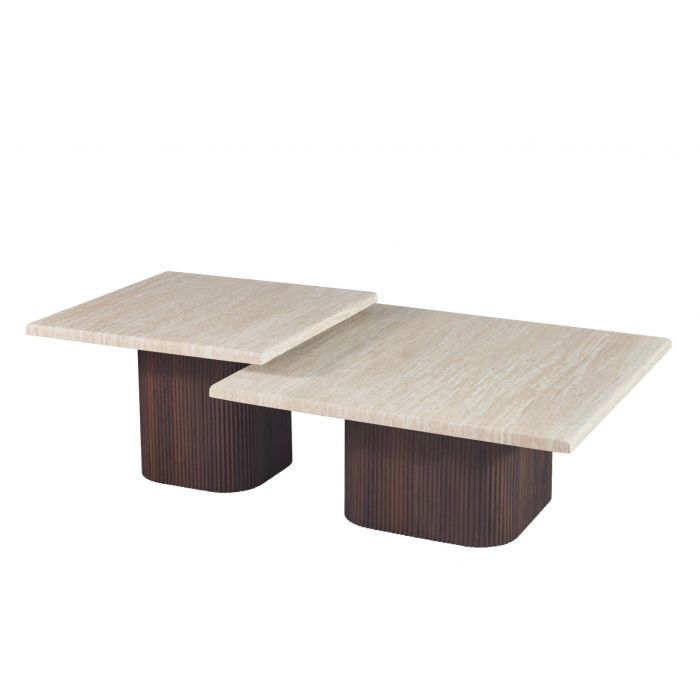 Vivente Dossena Salontafel Bruin - 2-delig - 90x90x38 cm + 70x70x45 cm - Travertine - Japandi