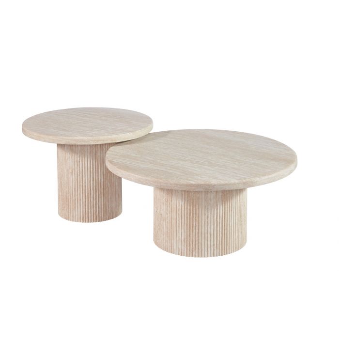 Vivente Paterno Salontafel 2-delig - Beige - Ø80x38 cm + Ø60x43 cm - Travertine - Japandi