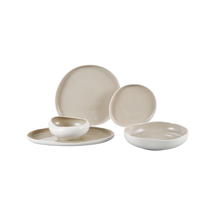 Bricard Barles - Porseleinen Serviesset Set - Dinner Set - 25-delig - 6-Persoons - Wit/Taupe - Japandi – productafbeelding