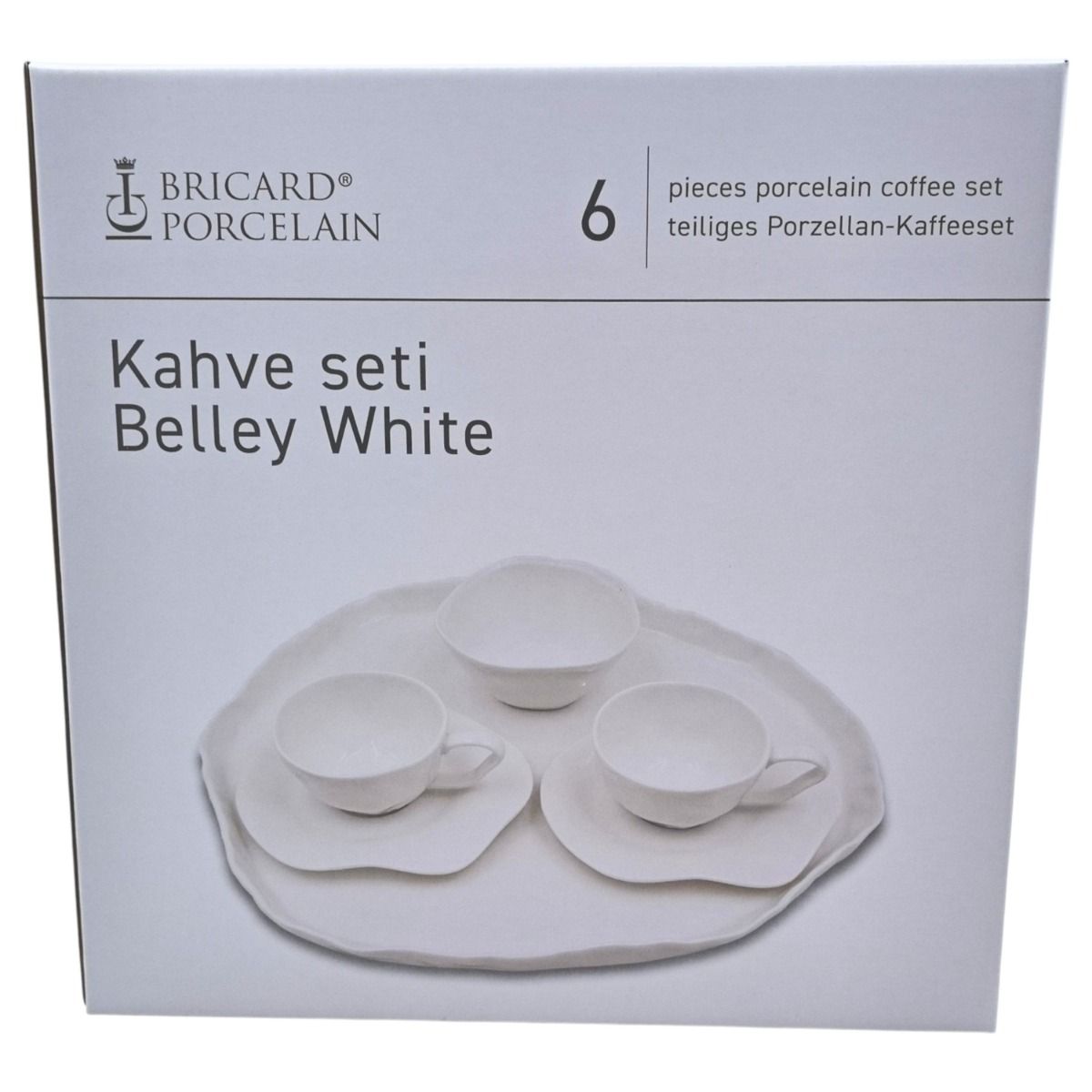 Bricard Belley, Ontbijtset, 6-delig, 2-Persoons, Koffiekopjes, Kom & Dienblad, Wit, Porselein – verpakking