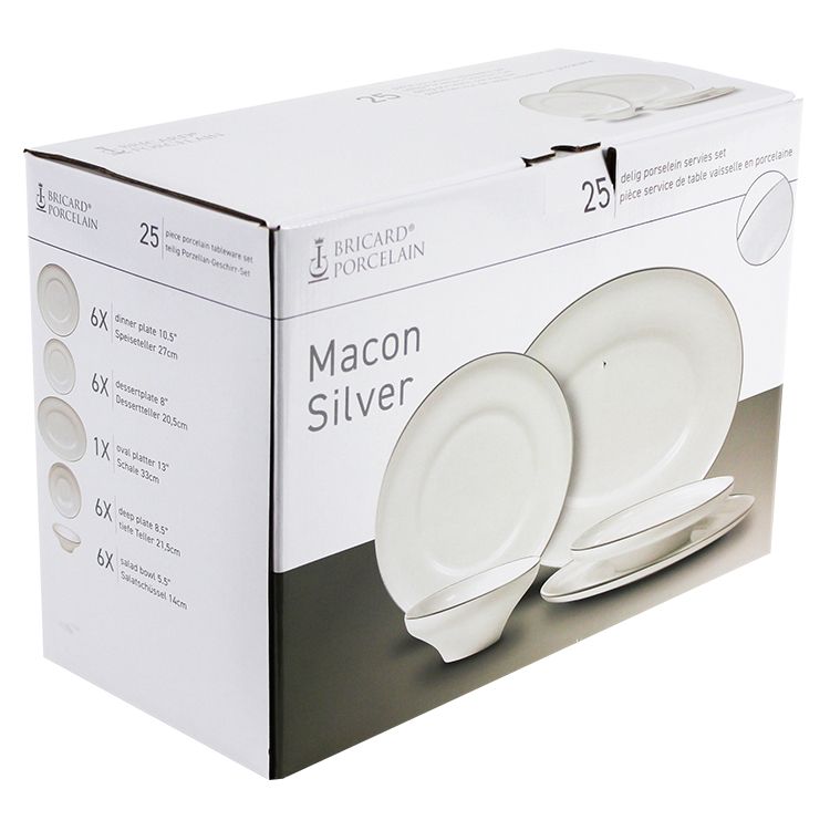 Bricard Macon – Porseleinen Serviesset, 25-Delig, 6-Persoons, Wit/Zilver, Dinner Set – verpakking