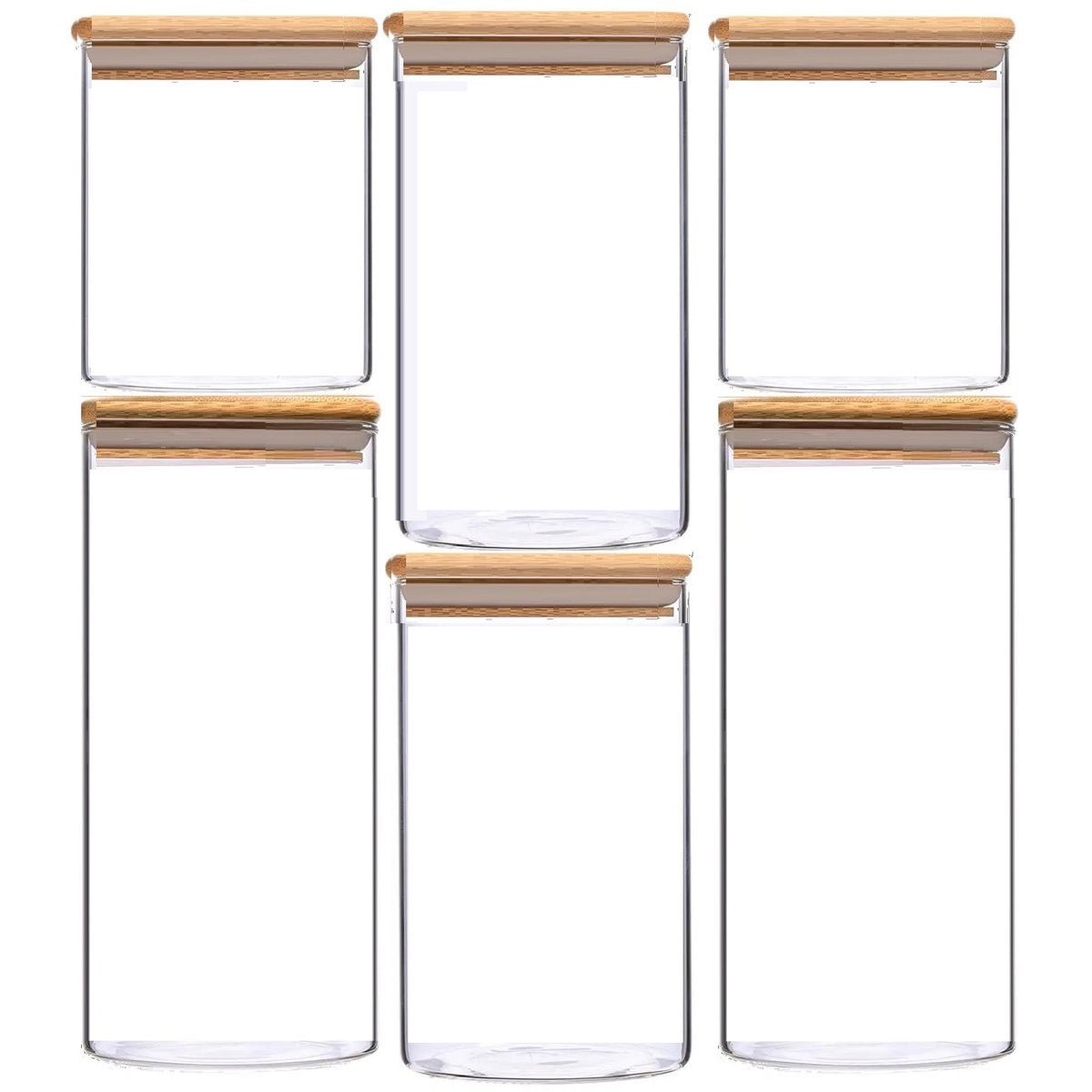 Cheffinger Glazen Voorraadpotten Set met Bamboe Deksel - 6 - delig - 2x 750ml, 2x 1100ml, 2x 1500ml - TEKZEN