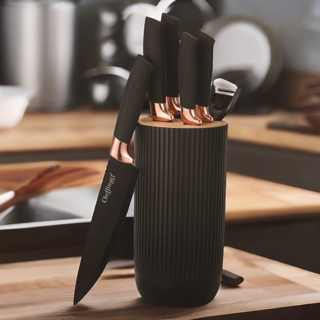 Cheffinger Messenset met Standaard - 7 - delig - Zwart / Rosé Goud - TEKZEN