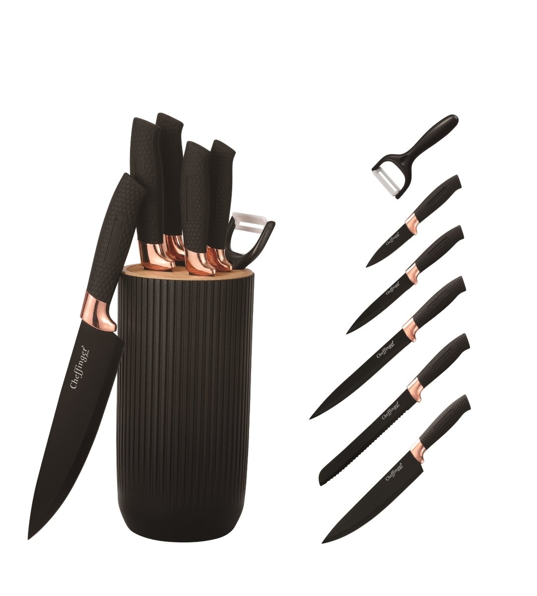 Cheffinger Messenset met Standaard - 7 - delig - Zwart / Rosé Goud - TEKZEN