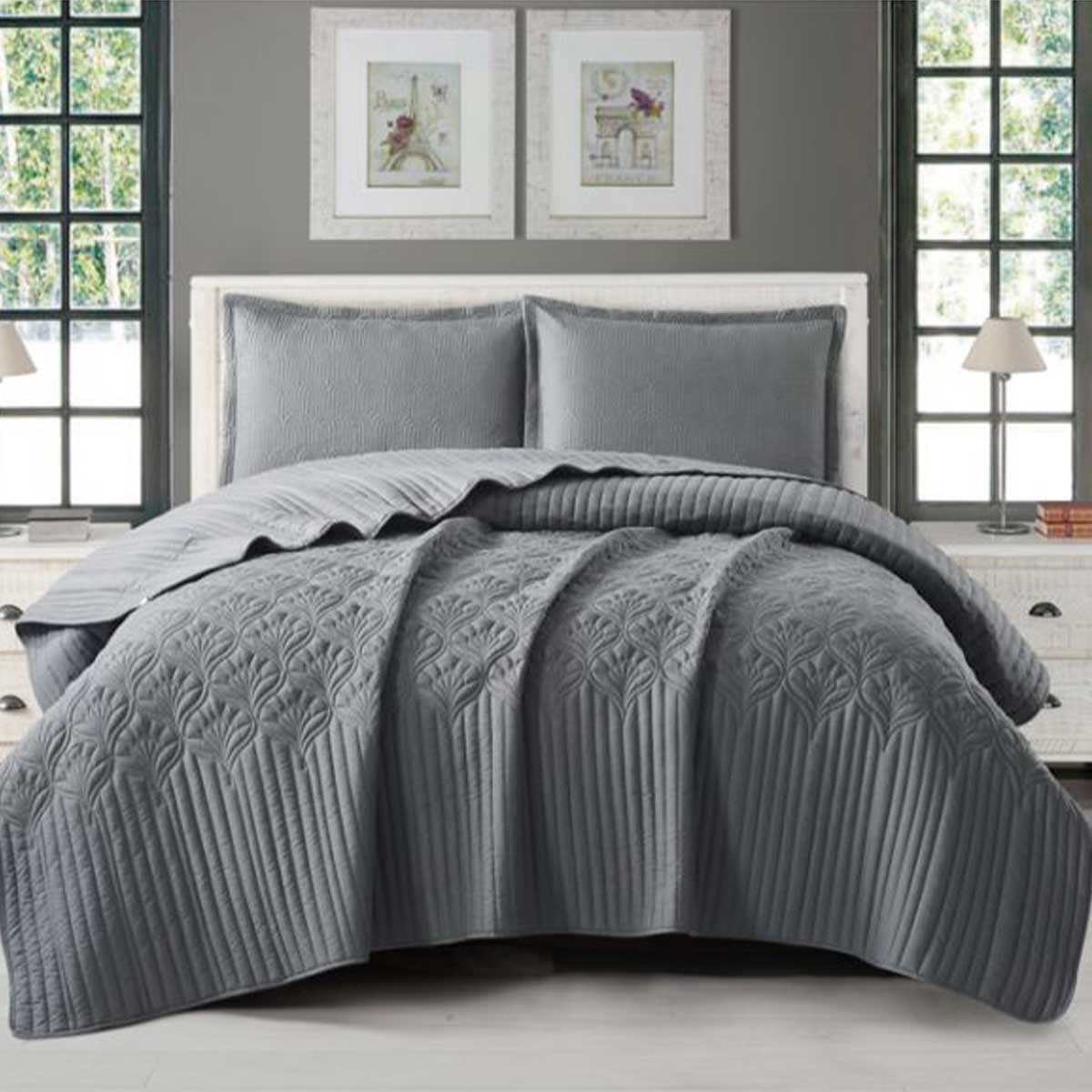 Cinar Nilufer Bedsprei Set 3-delig, Grijs, 260x240cm – bedspreiset