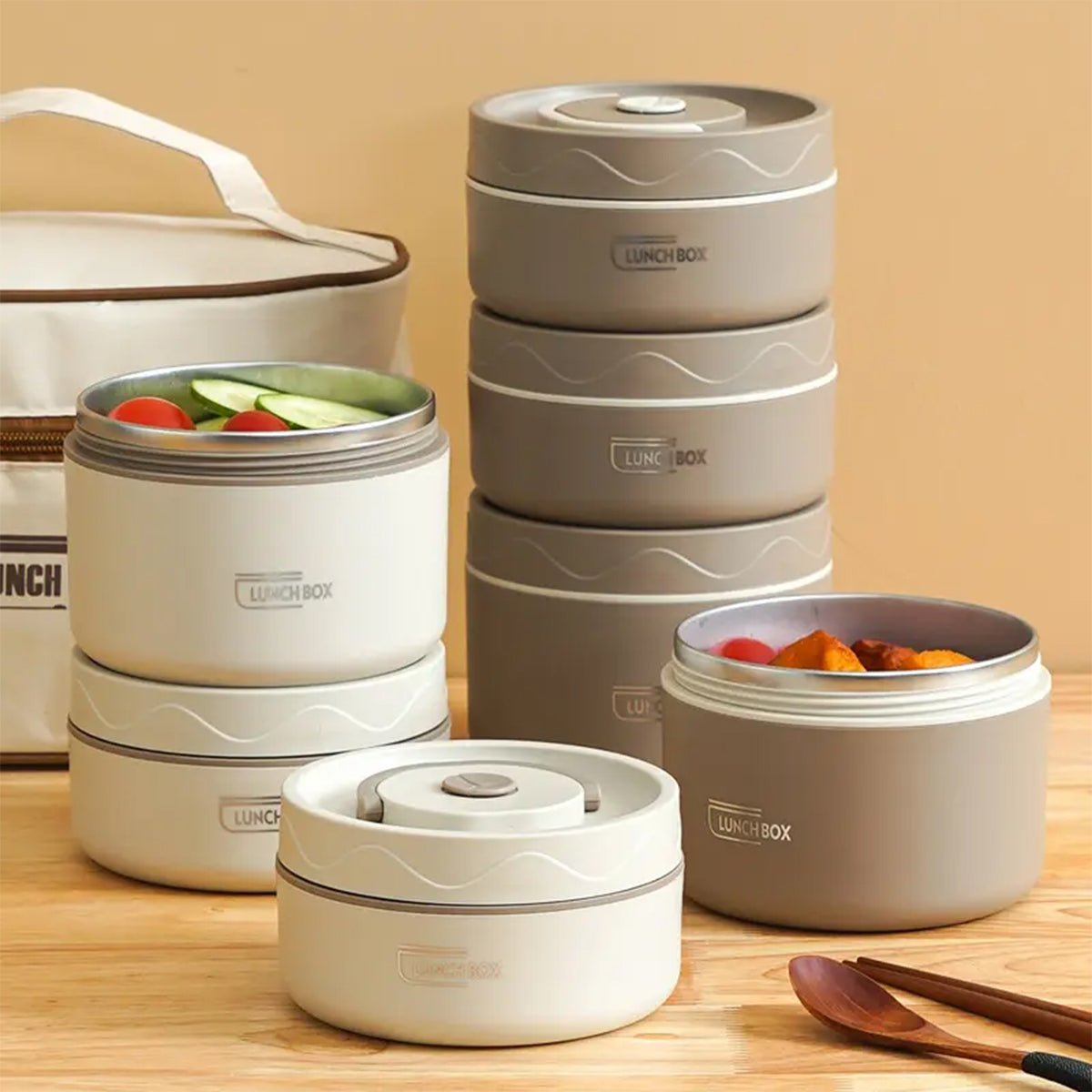 Hauskraft Thermische Lunchbox Set – 5 - delig - RVS – Lekvrij & Isolerend – Bruin - TEKZEN