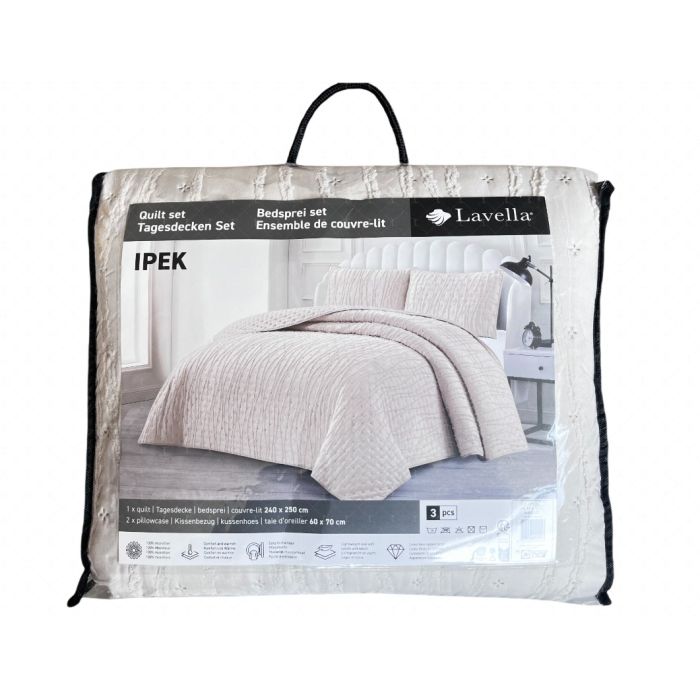 Lavella Ipek Bedsprei Set, 3-delig, Beige, 240x250 cm – vooraanzicht