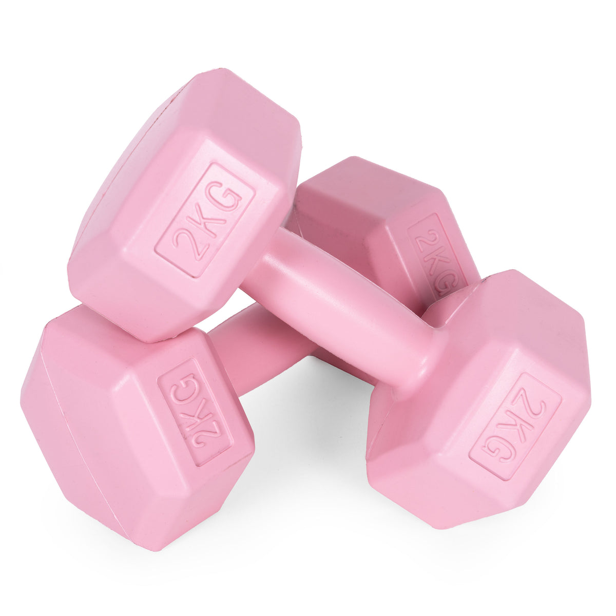 ModernHome hex dumbbellset 2 × 2 kg roze – detail van de handgreep en gewichten