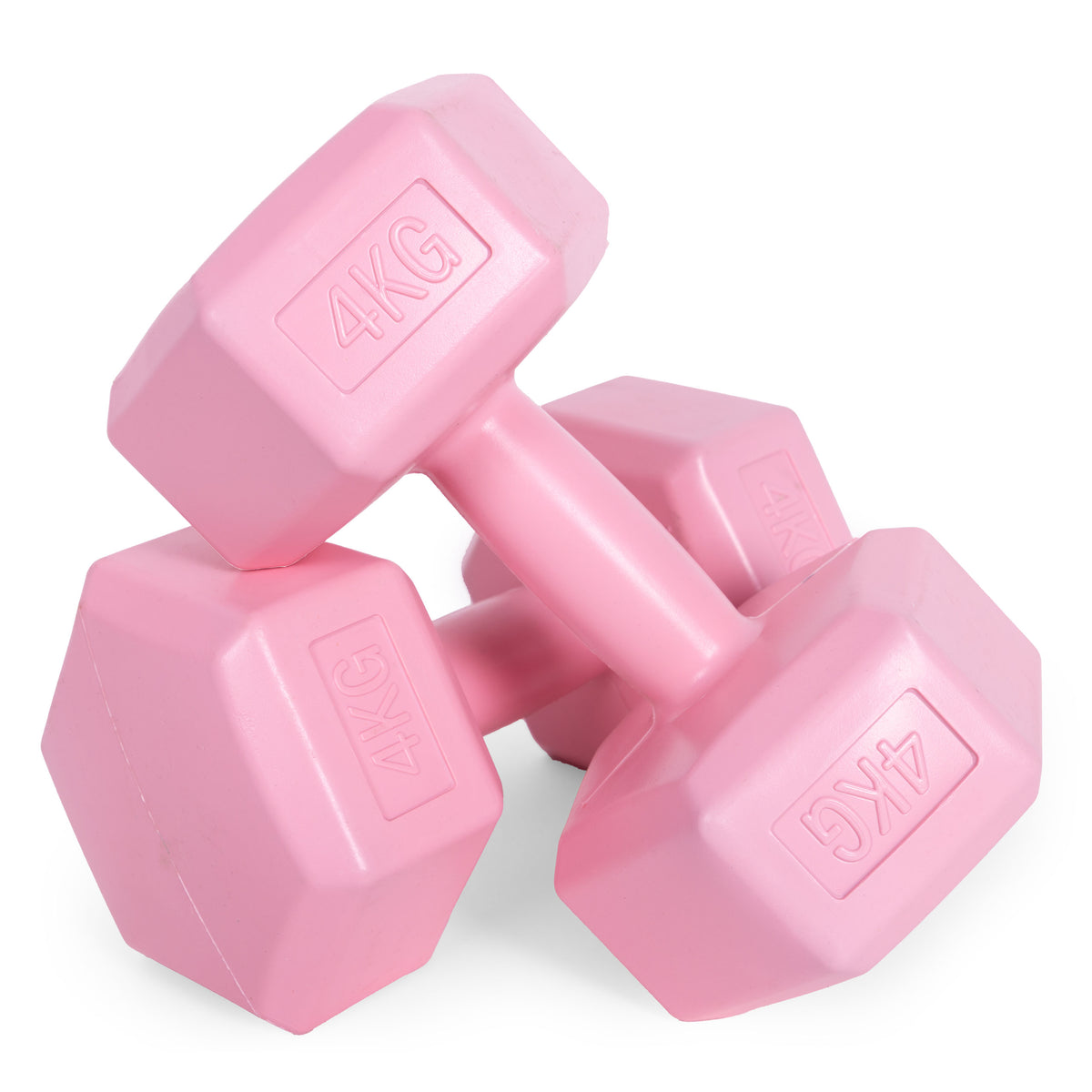 ModernHome hex dumbbellset 2 × 4 kg roze – detail van de handgreep en gewichten