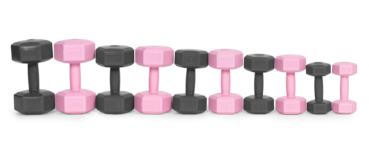 ModernHome hex dumbbellset 2 × 4 kg roze – overzicht van de beschikbare gewichten en kleuren